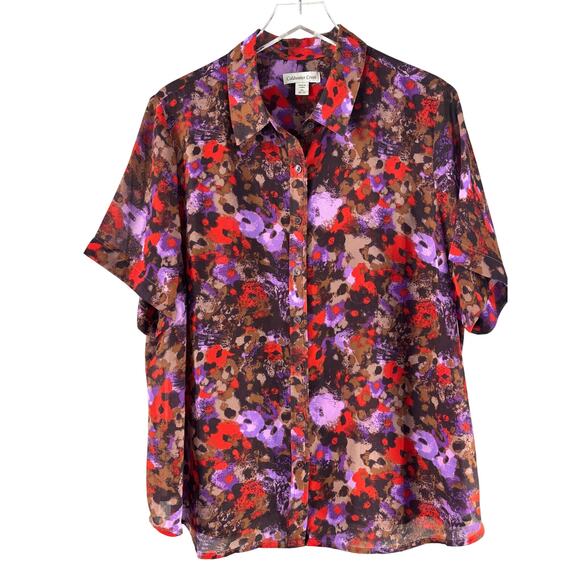 Coldwater Creek Abstract Floral Purple Red Brown Lightweight Blouse Womens 2X - Picture 1 of 6